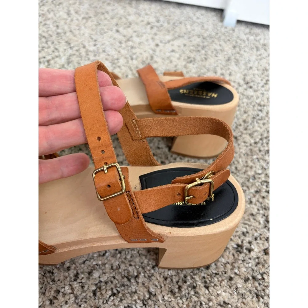 Swedish Hasbeens Sandal 38 US 8 Braided Sky High Clog Wood Heel Tan Leather FLAW
